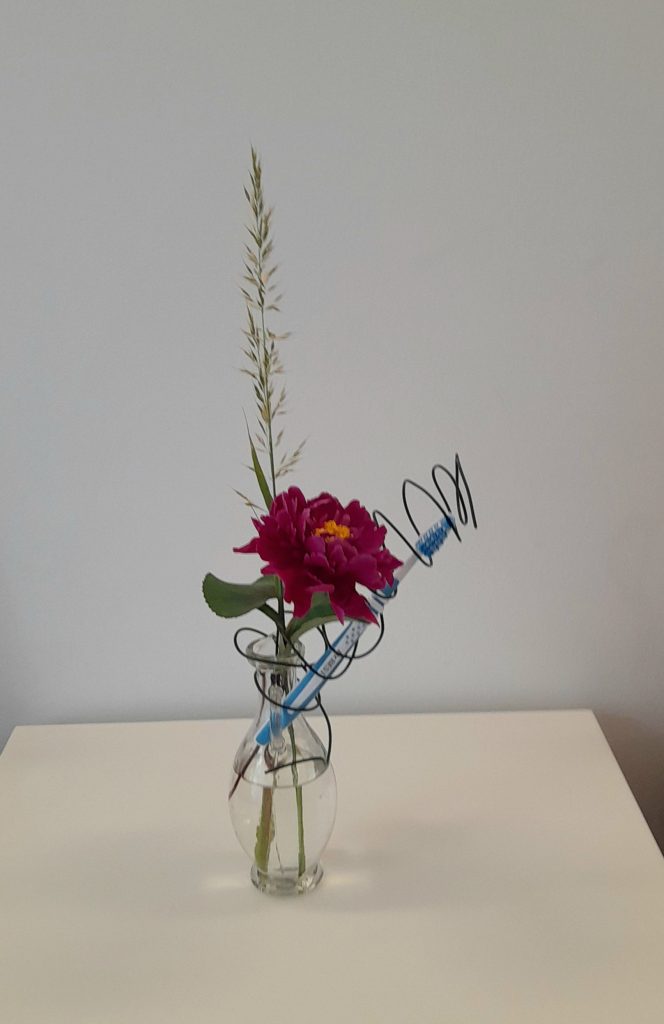 6. Juni ist Tag des Ikebana der Sogetsu Schule mit dem Ziel Arrangements in der Öffentlichkeit auszustellen
Arrangement beim Zahnarzt