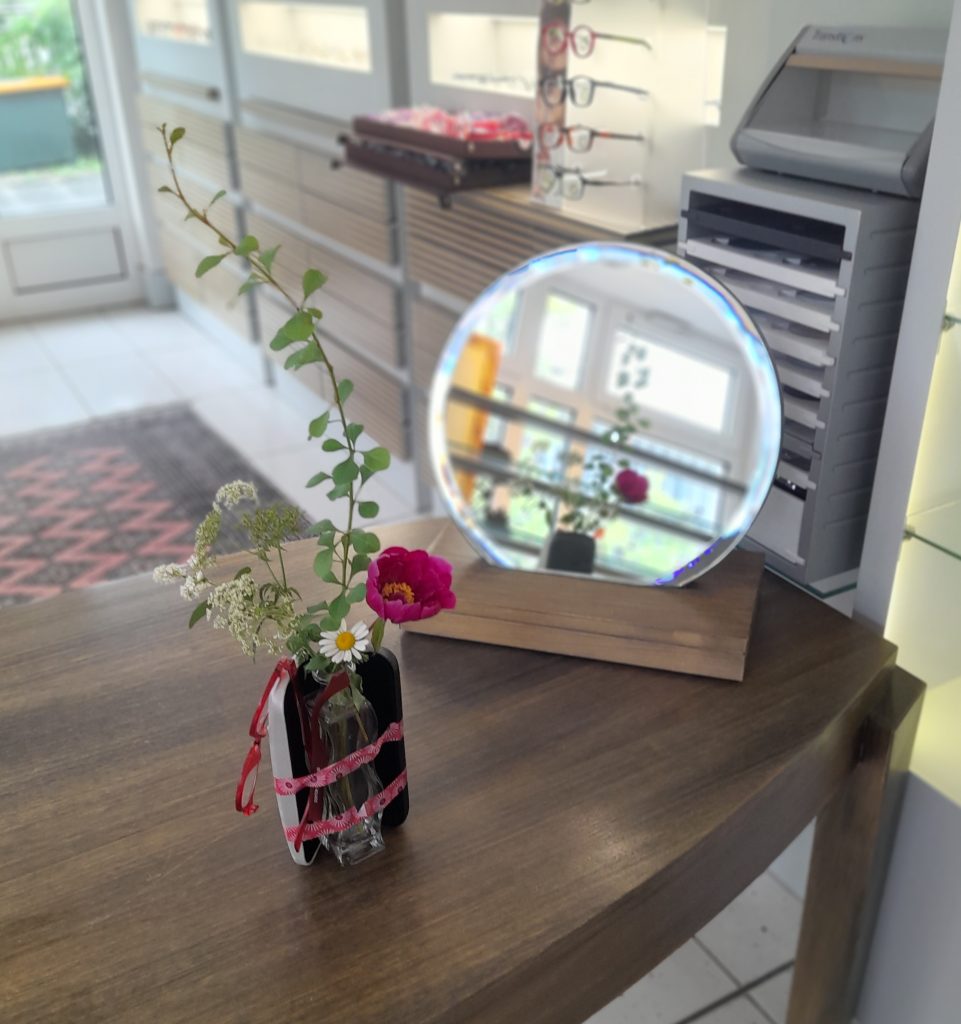 6. Juni ist Tag des Ikebana der Sogetsu Schule mit dem Ziel Arrangements in der Öffentlichkeit auszustellen
Arrangment beim Optiker